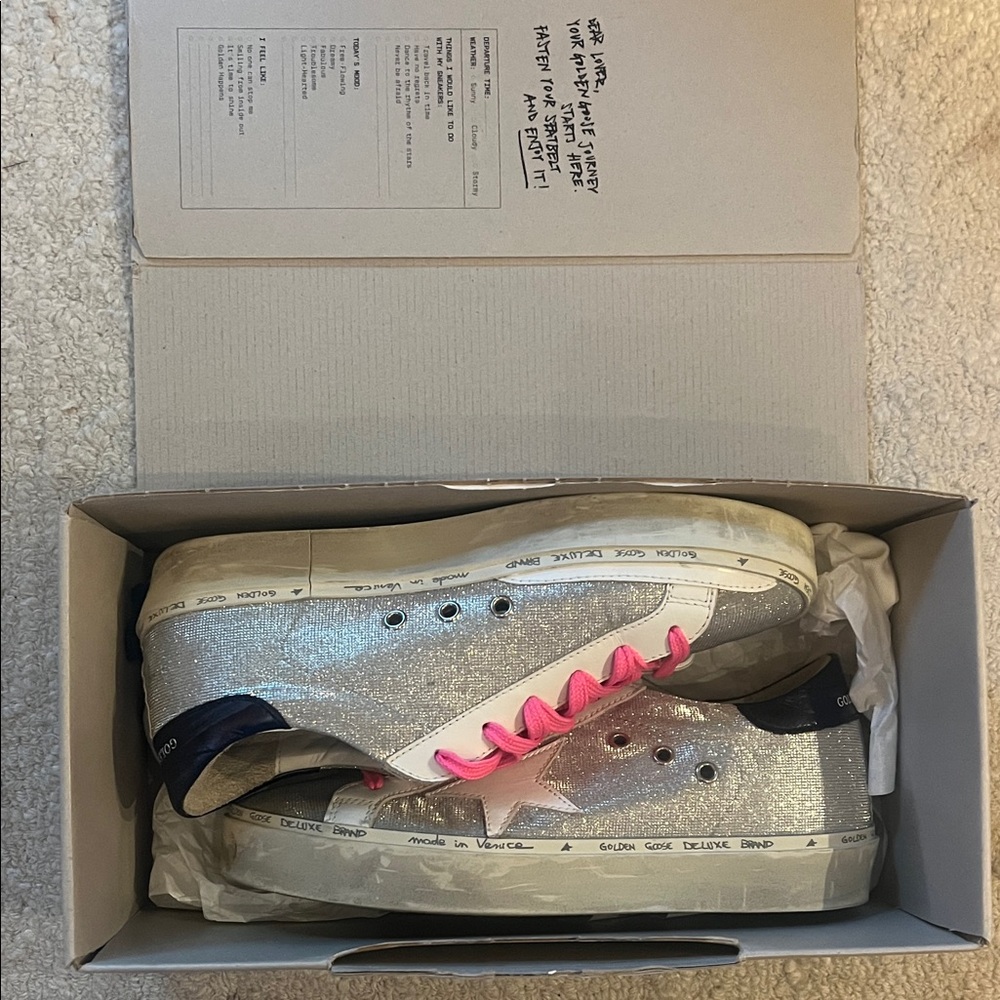 Authentic Silver Golden Goose Sneakers with Pink Laces